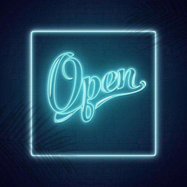 Open text neon sign light effect square border cyan glow and leave shadow effects