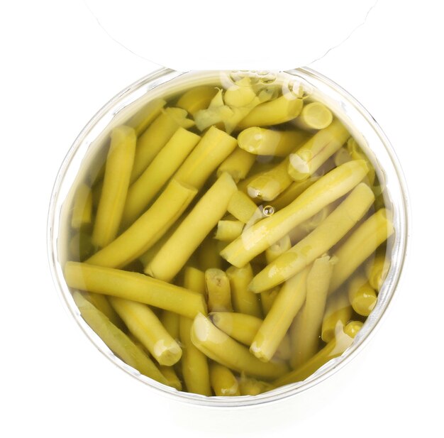 Open tin can of french bean isolated on white