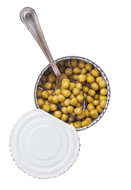 Open tin can of peas isolated on white. Clipping path