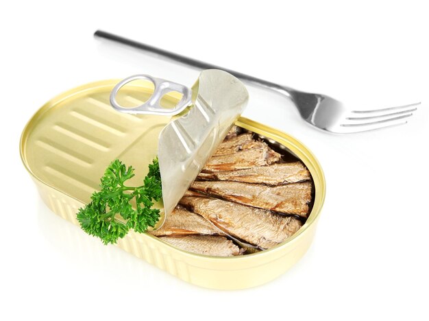 Open tin can with sardines isolated on white