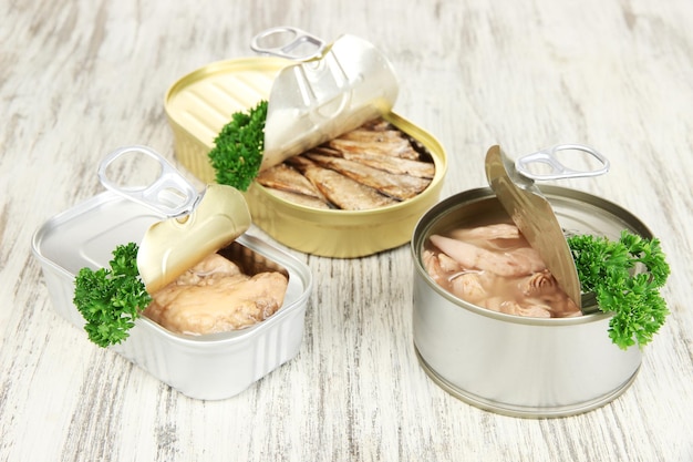 Open tin can on wooden background