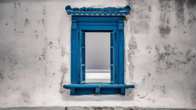 Photo open traditional blue greek window frame isolated on white cement background with an empty void