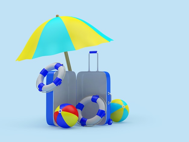 open travel suitcase with beach accessories under a beach umbrella