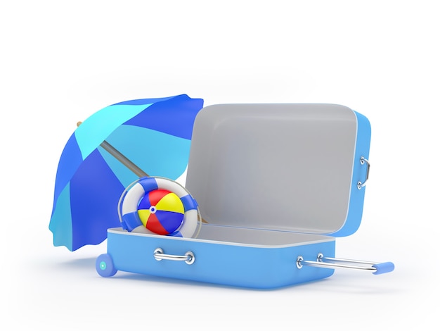 open travel suitcase with beach accessories