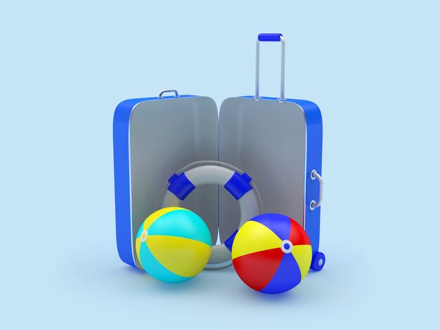 open travel suitcase with beach balls and lifebuoy