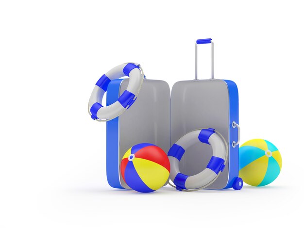 open travel suitcase with beach balls and lifebuoys