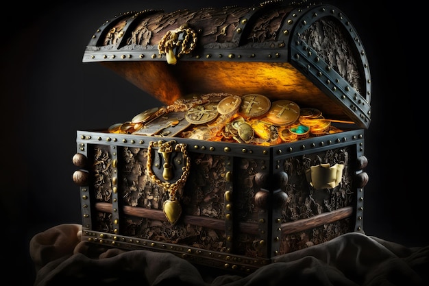 Open treasure chest filled with gold coins and expensive pirates loot on black background Neural network generated art