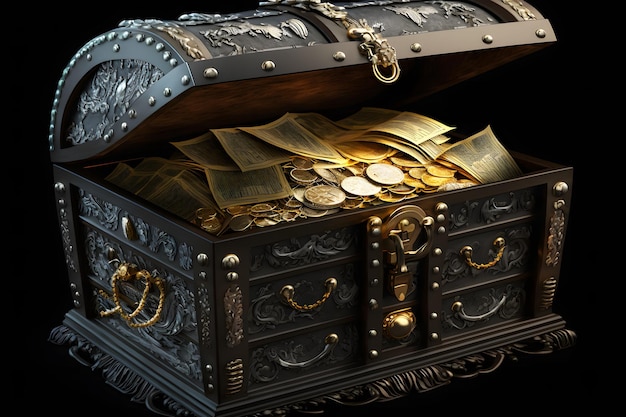 Open treasure chest filled with gold coins and expensive pirates loot on black background Neural network generated art