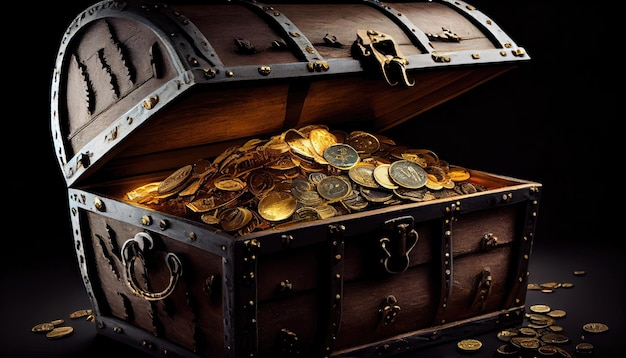 Open treasure chest filled with gold coins and great wealth with Generative AI Technology