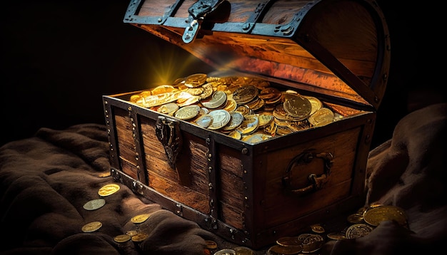 Open treasure chest filled with gold coins and great wealth with Generative AI Technology