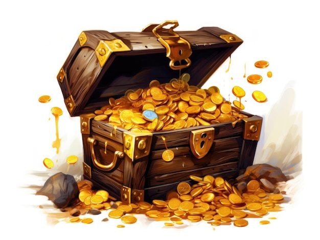 An open Treasure Chest filled with a lot of gold coins isolated on white background