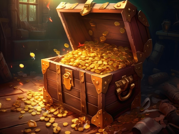 An open Treasure Chest filled with a lot of gold coins in a medieval dungeon