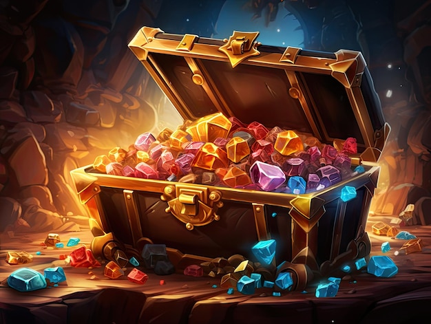 An open Treasure Chest filled with a lot of with gems in a cave
