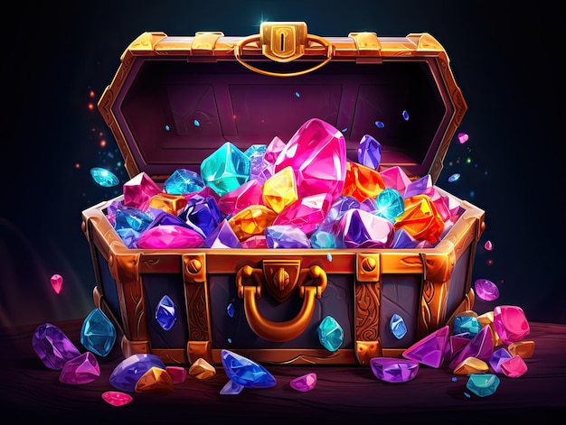 An open Treasure Chest filled with a lot of with gems isolated on dark background