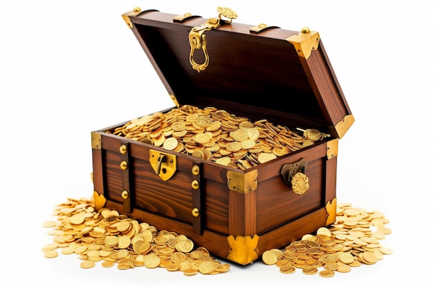 Open treasure chest with gold coins isolated on white Stock Photo