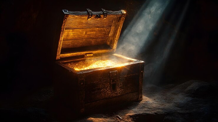 Photo open treasure chest with glowing gold inside mysterious light hidden wealth adventure discovery