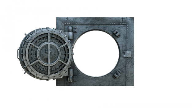 Photo open vault door in bank on white