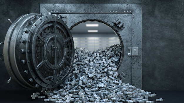 Photo open vault door in bank with a lot of money