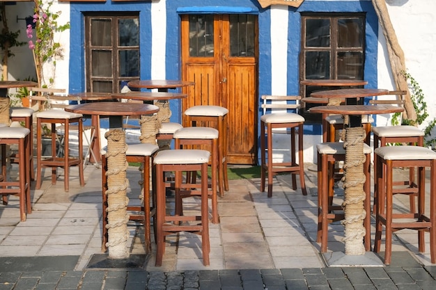 Open veranda of the bar on the old street of the europe city