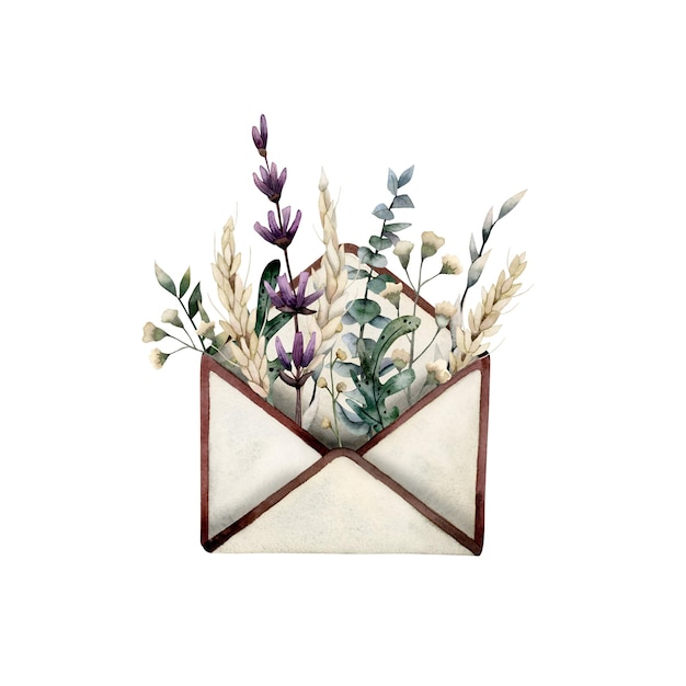 Open vintage envelop met gedroogde bloemen en kruiden van verschillende kleuren in vintage retrostijl