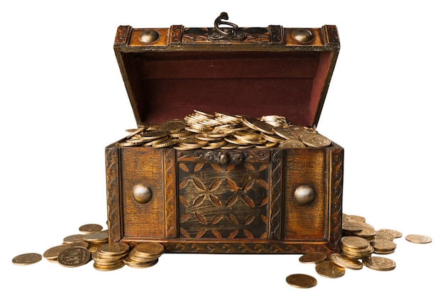 Photo open vintage treasure chest filled with gold coins