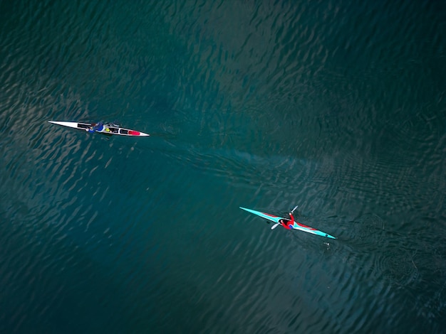 Open water sport kayak and canoe aerial view