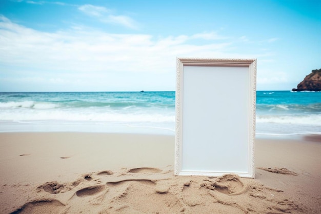 an open white door on the beach with the ocean in the background.