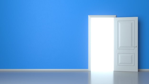 Open White Door on Blue Wall, Reflective Floor