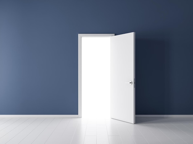 Open white door in empty room with dark blue wall 3d rendering