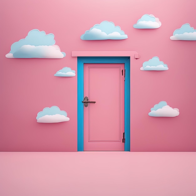 ピンクの壁で白いドアを開けるピンクの壁で白いドアを開ける青い空にピンクと白いドア