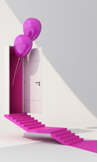 Open white door with purple color inside with balloons on white\
background with sunlight shade and shadow with walk way purple on\
the floor and step stair 3d render vertical frame