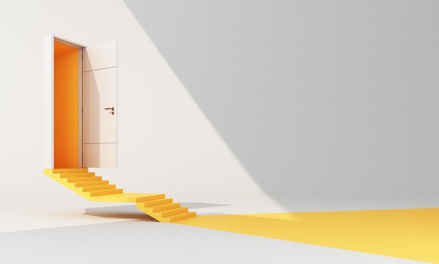 Open white door with yellow color inside on white background\
with sunlight shade and shadow with walk way and step stair yellow\
on the floor 3d render