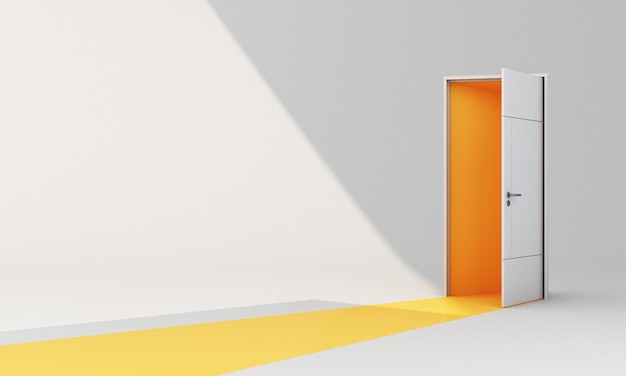 Open white door with yellow color inside on white background\
with sunlight shade and shadow with walk way yellow on the floor 3d\
render