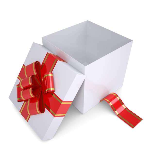 Open white gift box decorated with a red ribbon