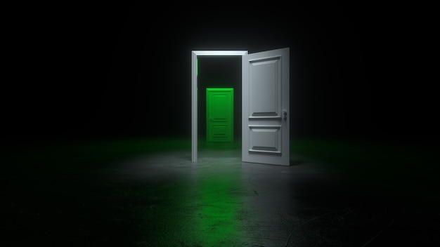 An open white and green door to a dark room with bright light