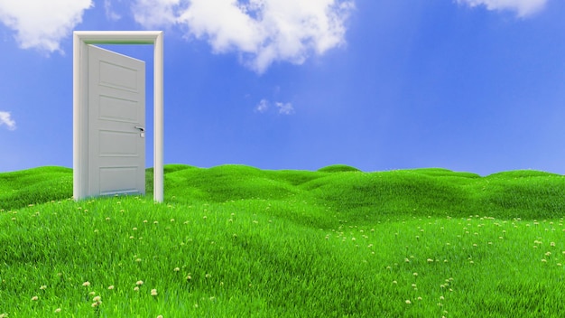 Open white wooden door on green flowery hills realistic background 3D rendering