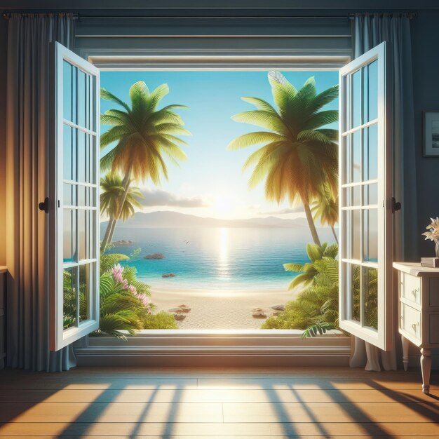 Foto una finestra aperta con vista su una spiaggia e palme