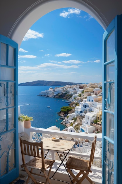 Open window with a view to a beautiful Greek scenery created with generative AI