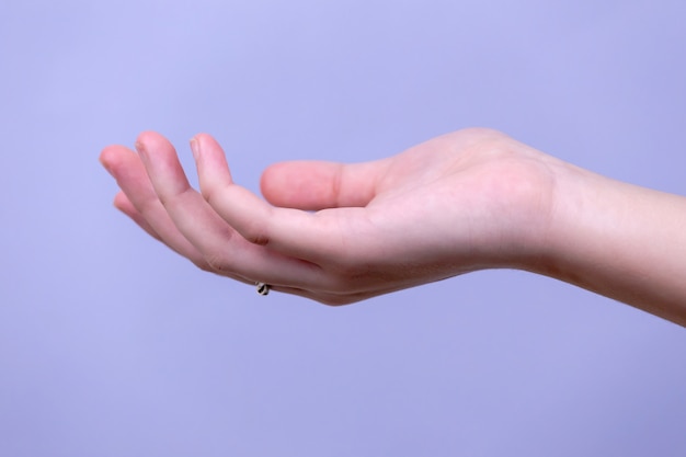 Open a woman's hand, palm up isolated on blue 