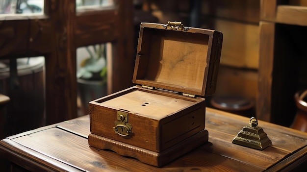 An open wooden box sits on a wooden table The box is made of dark wood and has a light wood interior The box is empty