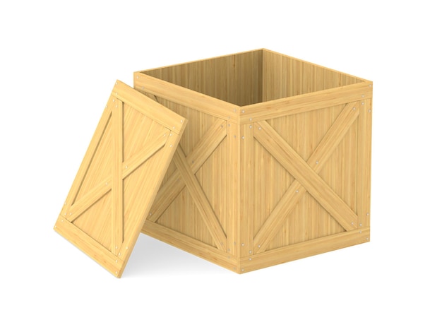 Photo open wooden cargo box on white background. isolated 3d illustration