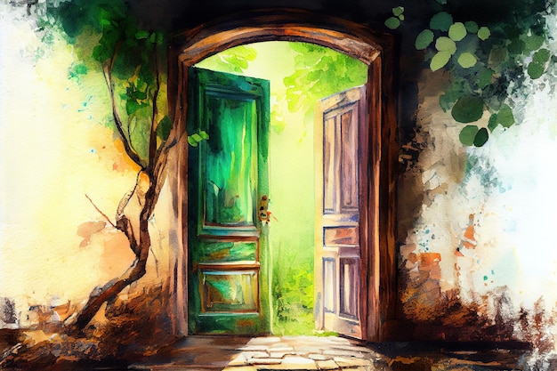 Open wooden door to the new world with green environment Climate change concept Generative Ai