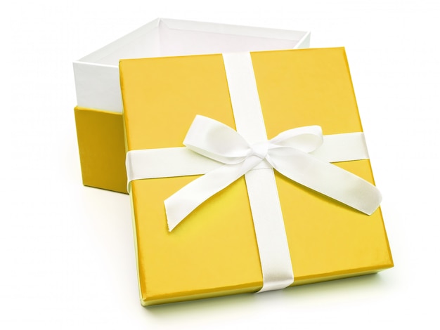 Open yellow box with a gift and white bow