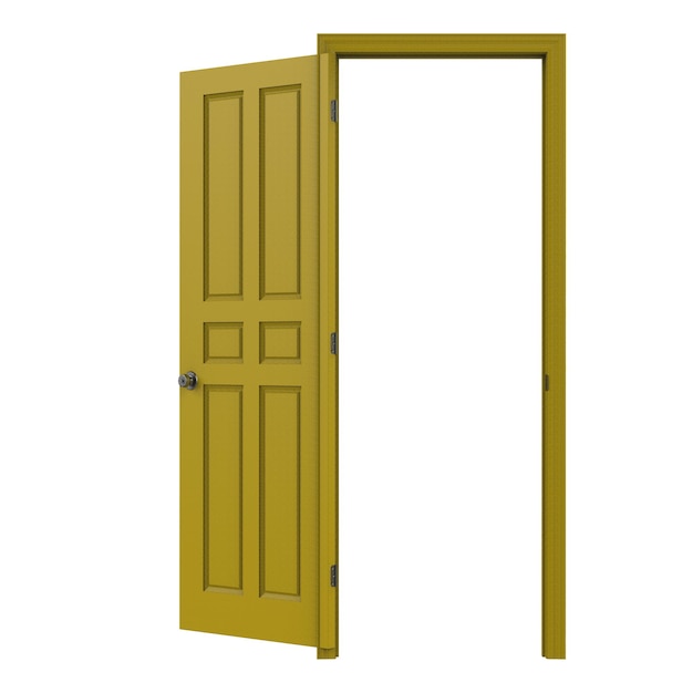 Foto aprire la porta isolata gialla chiusa 3d rendering dell'illustrazione