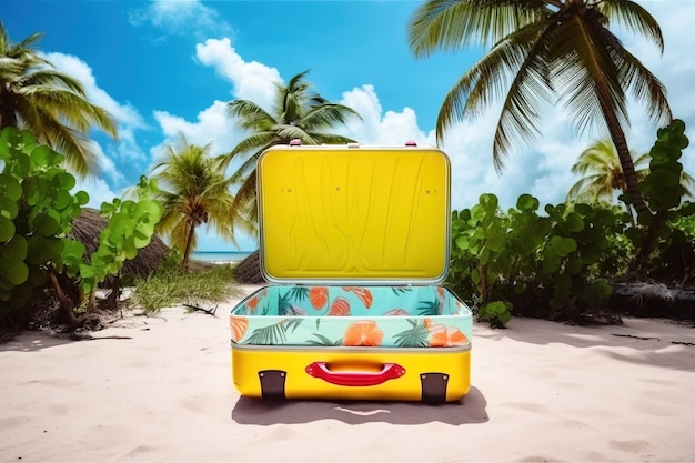 Open yellow suitcase on wheels for tourism travel on the beach with palm trees AI generated