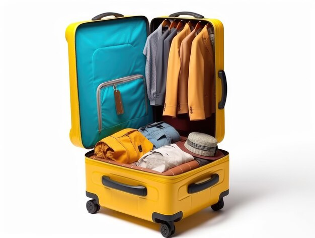 Foto valigetta gialla aperta con vestiti multicolori isolati su uno sfondo bianco