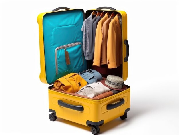 Open yellow suitcase with multicolored clothes isolated on a white background