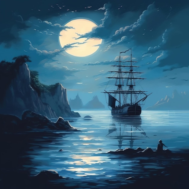 open zee onder maanlicht illustratie achtergrond
