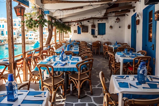 Photo openair cafe near famous houses by the sea in mykonos island greece