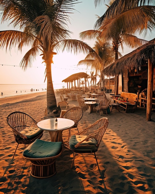 openair venue on the sea with deck chairs and palm trees